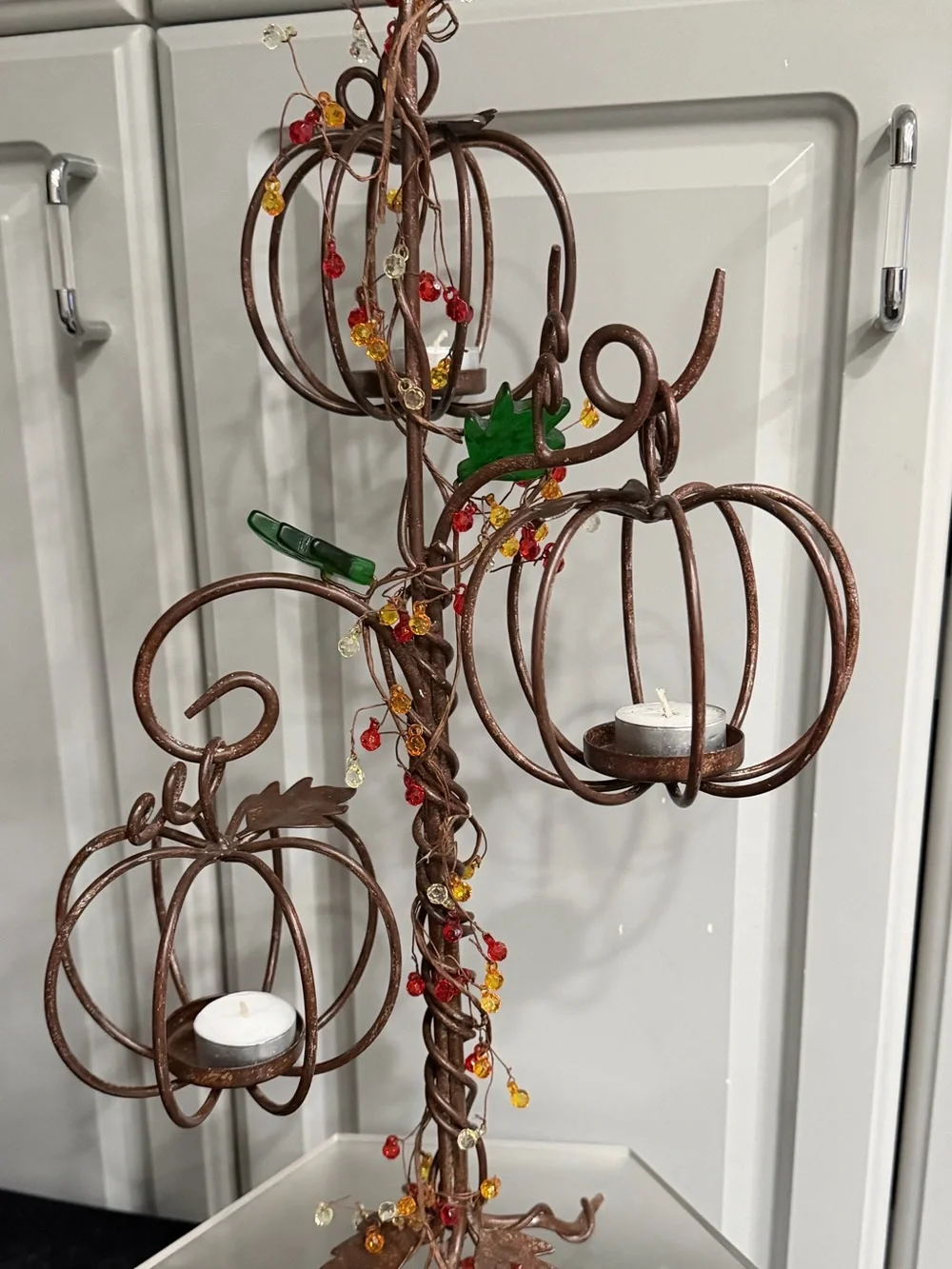 Pottery Barn Rustic Metal Bronze Brown Twig Branch 3 Pumpkins Tealight Holder